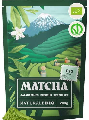 NaturaleBio Tè Verde Matcha Biologico in Polvere 200g. Grado Premium. The Matcha Prodotto in Giappone. Ideale da Bere, per i Dolci, Frullati, Tè freddo, nel Latte e come ingrediente