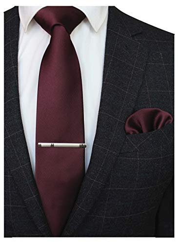 RBOCOTT Maroon Silk Tie and Pocket Square, Necktie Tie Clip Set for Men (14)