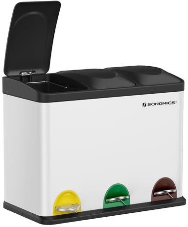 SONGMICS Papperskorg för köket, avfallsbehållare, 45 liter, soptunna med innerhink, avfallssepareringssystem, pedalhink av rostfritt stål, 3 x 15 liter, vit-svart LTB45W