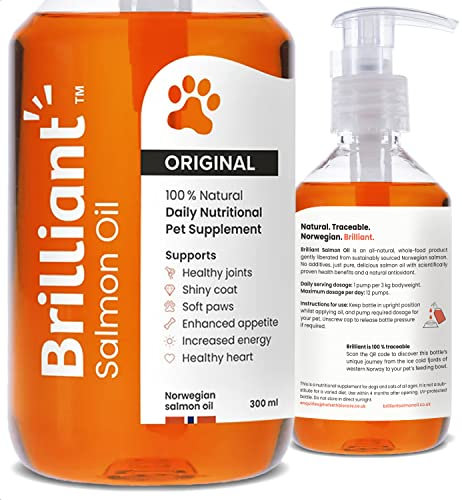 Brilliant Salmon Oil for Dogs, Cats, Puppy, Ferret & Pets - Pure Omega 3, 6 & 9 Fish Oil Food Supplement | Treats Itchy Skin, Joint Care, Heart Health & Natural Coat Hofseth BioCare (300ml)