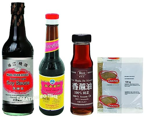 Kit / Lot de 4 Ingrédients de Base de la cuisine Asiatique/Chinoise : Sauce Soja, Vinaigre Noir, Huile de Sésame et un Mélange de 5 Épices - Prix réduit !