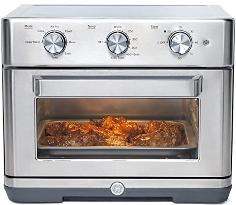 GE Mechanical Air Fryer Toaster Oven + Accessory Set | Convection Toaster with 7 Cook Modes | Large Capacity Oven - Fits 12 Pizza | Countertop Kitchen Essentials | Stainless Steel
