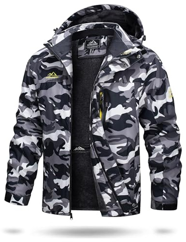TACVASEN Herren Warme Skijacke Gefütterte Winterjacke Wasserabweisende mit Abnehmbarer Kapuzen (S, Schwarz-Camo)