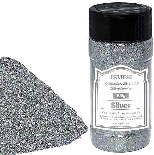 Glitterpulver, JEMESI Silver fint glitter, holografiskt glitterpulver, glitterpulver för epoxiharts, spik, gjutning, kroppskonst och dekoration – 100 g