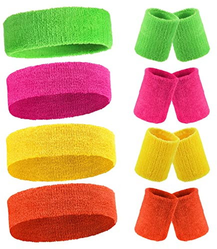 Civaner 12 Pcs 80s 90s Sweatbands Neon Sports Headbands Wristband Set for Men Women Party Cotton Headbands Terry Cloth Athletic Sweat Bands for Tennis Football Gym Outdoor Accessories(Bright Color)