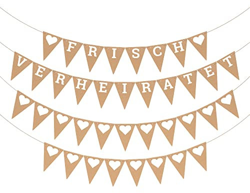ecooe Vintage Frisch Verheiratet Banner Just Married Girlande Dekoration für Hochzeit Brautdusche romantische Wimpelkette Hochzeit Deko mit 19Stk Buchstaben, 21Stk kleiner Herzen und 2Stk 3M Jute Seil