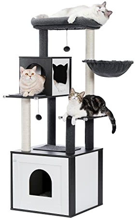 PAWZ Road Moderner Katzenbaum Holz Katzenturm mit Aufbewahrungsschrank Katzentoilette Gehege und geräumiger Katzenhütte Große obere Sitzstange und Hängematte Schwarz