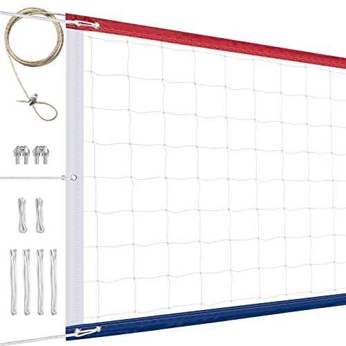 XXXYYY Professional Volleyball Net Outdoor Heavy Duty, Upgraded Weather Resistance, Lengthened Aircraft Steel Cable, Thicker Sides Tapes, for Indoor Outdoor Sports- 32x3FT, Red White Blue (Net Only)
