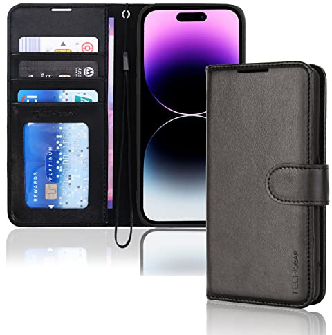 TECHGEAR iPhone 14 Pro Leather Wallet Case, Flip Protective Case Cover with Wallet Card Holder, Stand and Wrist Strap - Black PU Leather with Magnetic Closure Designed for iPhone 14 Pro 6.1