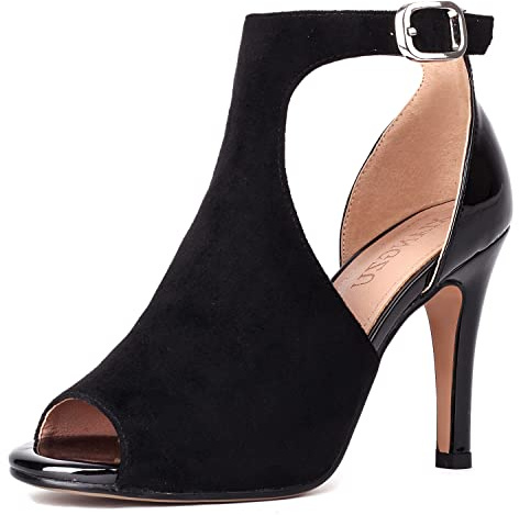 XIANGZU Women's Peep Toe Stiletto Black High Heels Summer Booties Ankle Strap Heeled Sandals (7.5, Black)