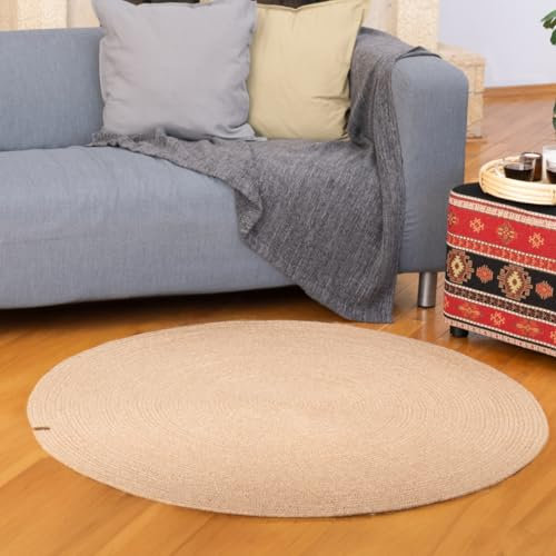 Dekorist Jute Teppich Rund, Boho und Ethno Look Wohnzimmer Teppich, Schlafzimmer, Ankleidezimmer, im Flur oder Esszimmer, Dekorativer Juteteppich Galeras 120 cm, Standard, Natural Beige