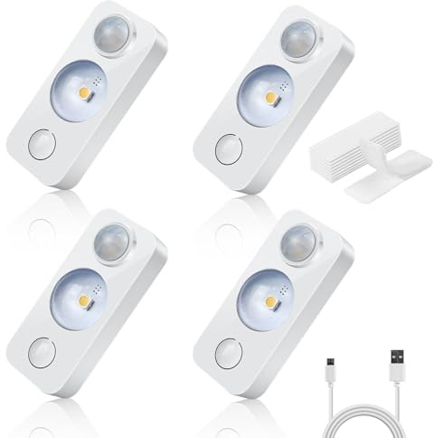 NIEGNOWOO LED Motion Sensor Puck Lights, Rechargeable Cabinet Lights, Stick on Wireless LED Night Light for Closet, Drawer, Shelf, Under Cabinet, Warm White 4Pack, USB Charging Cord Included