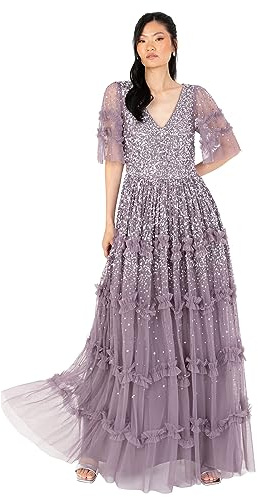 Maya Deluxe maxiklänning för kvinnor V-ringad paljett utsmyckad volang detalj för bröllop gäst brudtärna bal tillfälle balklänning, Moody Lilac, 34