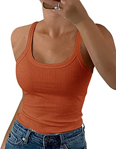 GEMBERA Débardeurs côtelés à Bretelles Spaghetti et col Rond pour Femme - Camisole ajustée en Coton Basique sans Manches, Orange, Taille XL