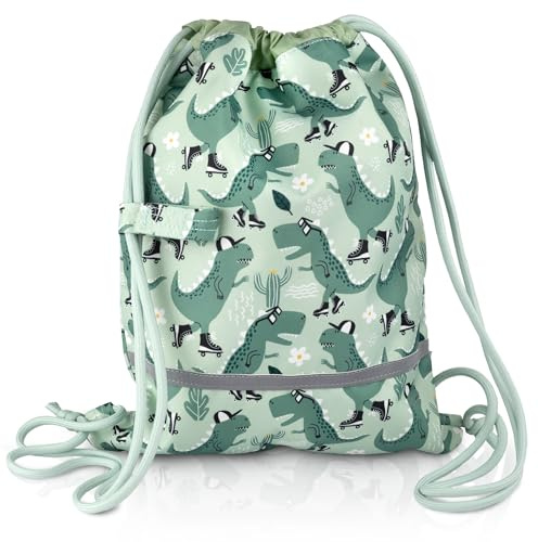 TA Trend Atelier Bolsa de gimnasia infantil en poliéster reciclado – repelente al agua, sin PFC, con tiras reflectantes y correa de pecho (Dinosaurio-Verde)