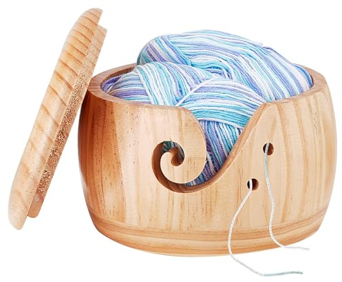 AMZTEMU Ciotola per filati in legno per maglieria, Yarn bowl for crochet supporto per filati per lavorare a maglia con coperchio - bambù (15*9,5 cm)