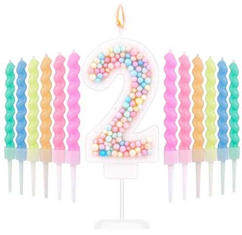 Macaron Number Birthday Candles, Sweet Number Candles with 12pcs Rainbow Spiral Candles Candy Color Cake Topper Candle for Anniversary Party Wedding Boys Girls (2)