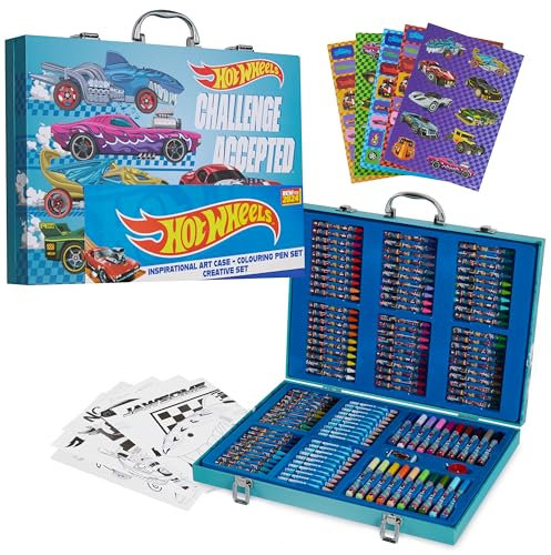 Hot Wheels Malkoffer Kinder, 130+ Teiliges Malset für Kinder, Wachsmalstifte, Buntstifte, Filzstifte, Sticker & mehr
