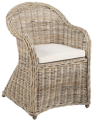 Poltrona da giardino in rattan naturale con cuscini in cotone bianco