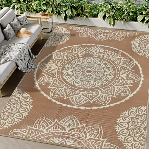 Famibay Tappeto da Esterno Resistente alle Intemperie 180x270cm Reversibile Tappeto da Campeggio Impermeabile Beige Marrone in Plastica Girevole Leggero Tappeto da Esterno per Terrazza Giardino