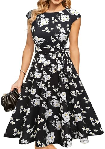 DRESSTELLS Cocktail Dresses for Women UK, Summer Formal Wedding Guest Floral Modest Graduation Prom Vintage Tea Party Casual Dress 2026 Black White Flower S