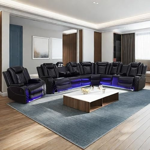 Power Recliner Sofa Sectional Sofa with LED Light for Living Room, Air Leather Reclining Corner Sectional Sofa Set, Cup Holder, Storage Console for Home Theater Seating (Black, Sectional+Chair)