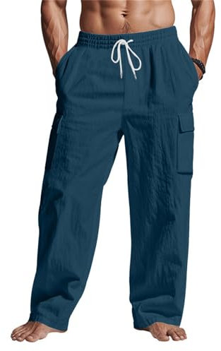Generisch Leinenhose Herren - Leichte Freizeithose Lang Slim Fit Haremshose Mit Kordelzug Casual Sommerhose Elastischer Bund Urlaub Yoga Hosen Männer Performance Pants Modern S