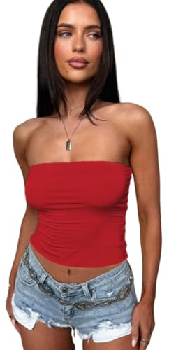 Sukiglam Tubo Top Mujer Sexy Camiseta Sin Mangas Slim Fit Crop Tops Verano Corto Camisetas Sin Tirantes Básico Elástico Tank Top Bandeau Causal Shirt Sin Espalda Going out Y2K Aesthetic Clothes