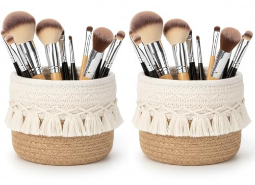 BrKern 2 Stück Pinsel Behälter, Pinselhalter Kosmetik aus Mini-Korb - Dekorativer Schminktisch Organizer mit Troddel für Make-up Pinsel & Stifte, Büro & Deko