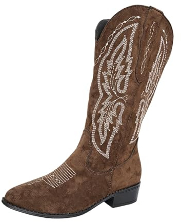 Cowboy Boots For Women UK Cowgirl Embroidery Stitched Western Boots Chunky Heel Mid Wide Calf Pointed Toe Ankle Boot Waterproof Pu Leather Walking Riding Boot Party Wedding Shoes For Country Concert