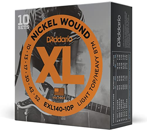 D'Addario Corde Chitarra Elettrica | EXL140-10P | Set Corde per Chitarra Elettrica per Ferita Nichel | 6 Corde | Top Leggero/fondo pesante, 10-52 | 10-Paccetto