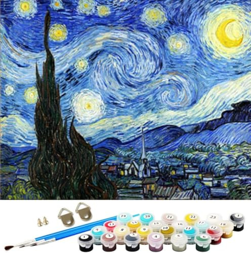 Wowdecor Paint by Numbers Kits for Adults Kids, DIY Number Painting - Starry Night by Van Gogh Beautiful Sky 40 x 50 cm Stamped Canvas (No Frame)