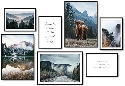 Hyggelig Home Premium Poster Set - 7 harmonische Natur Bilder - See Wald Berge Highland Cow Schottland Deko für Wohnzimmer Flur Schlafzimmer - ohne Rahmen