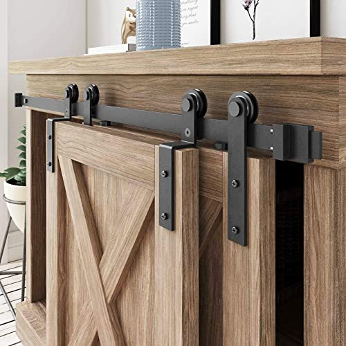 FREDBECK 4 FT Mini Cabinet Bypass Barn Door Hardware Kit Single Track 48inch Small Sliding Barn Doors Track Kit for Double Doors Storage Closet Window TV Stand Wardrobe (No Cabinet)