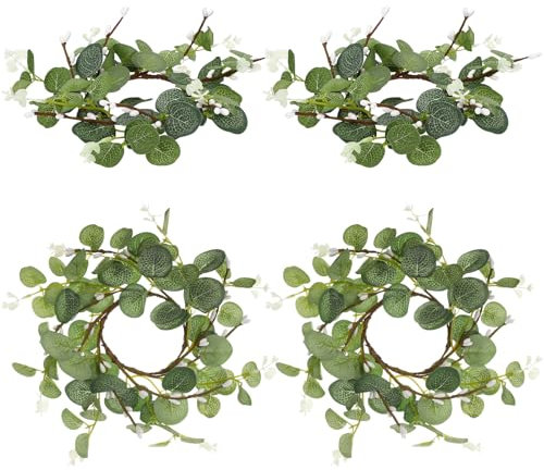 NUOBESTY 4pcs Small Eucalyptus Wreathes Mini Pillar Candle Eucalyptus Rings for Crafts Table Easter Farmhouse Decorations