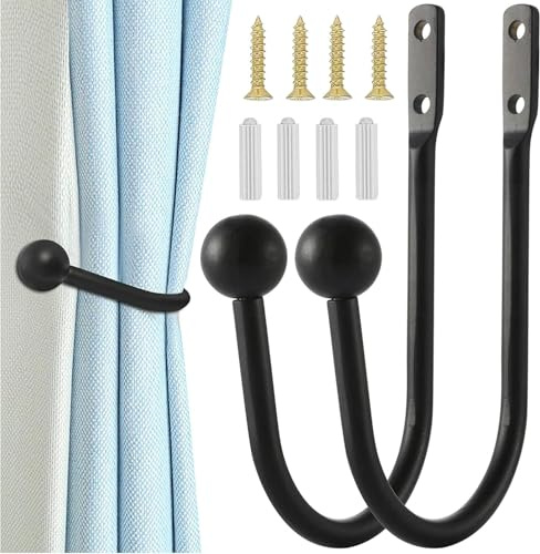 FANNAS 2 Pièces Retenues de Draperie 16 x 9.5 cm Curtain Tie Backs Hooks à Rideaux Crochets en Métal à Fixer au Mur pour de Fenêtre Rideaux de Douche (Noir)
