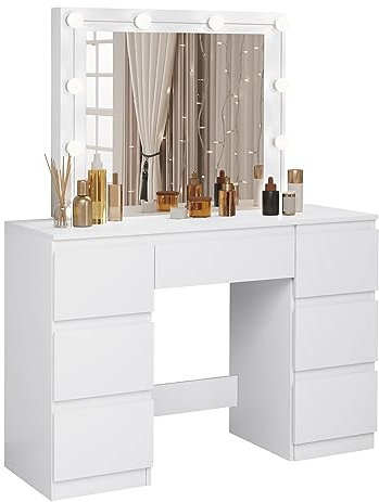 WOLTU Vanity, Tocador de Maquillaje, Tocador con Espejo y Luz LED, Luz Ajustable, con 7 Cajones, para Dormitorio, Sala de Belleza y Vestidor, 110x39,5x140,5 cm, Blanco, MB6099ws