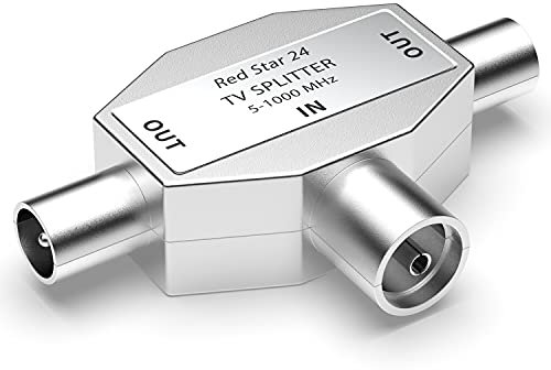 RedStar24 Distribuidor de Antena de 2 vías, duplicador Antena TV, Divisor de TV de 2 vías, Adaptador en T, Conector Doble Antena TV, 1 Entrada IEC Hembra coaxial W 2 Salidas IEC Conector coaxial