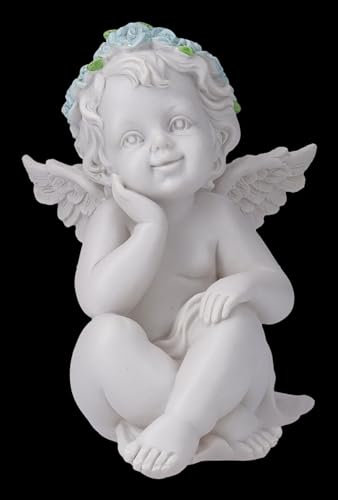 Engel Figur Putte mit blauen Rosen - 14 cm Cherub, Engelchen Deko weiß