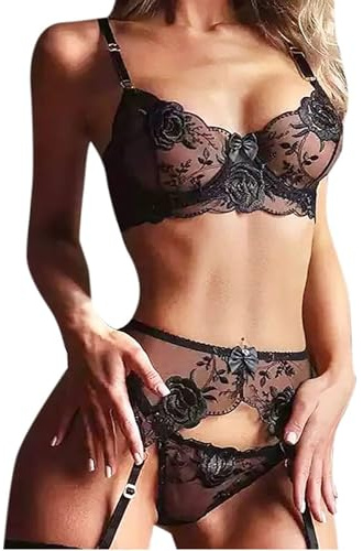 MIZSPISE Lingerie Sexy en Dentelle avec Porte Jarretelle Femme Ensemble de Soutien-Gorge Culotte Transparent 3 Pièces sous Vetements Jarretières Broderie Florale Nuisette à Armature