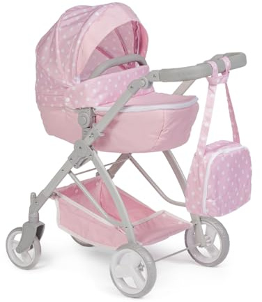 JC Toys- Carro Plegable muñecas hasta 45 cm, Cesta, Capota, Bolsa de Paseo, Manillar Regulable, capazo extraíble, Ideal para Jugar y pasear, Rosa, diseñado por Berenguer Boutique, +3 años