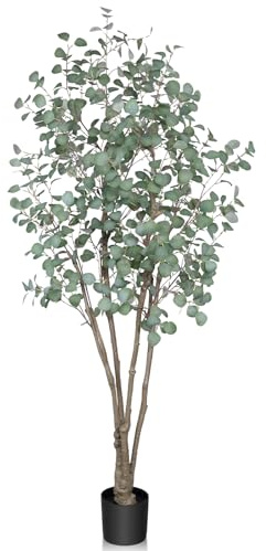 7FT Artificial Eucalyptus Tree Indoor, Tall Faux Eucalyptus Plant with Pre-Potted Realistic Silk Leaves and Trunk, Fake Eucalyptus Tree for Office Living Room Bedroom Foyer Porch Home Corner Decor