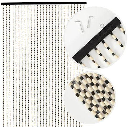 NOVECRAFTO Universal Wooden Beaded Door Curtain with Hooks - 35.4x78.7 in (90x200 cm) - Handmade Hanging 27 Strands Bead Curtain for Doorways, Room Partition - White & Black Wood Bead Pattern