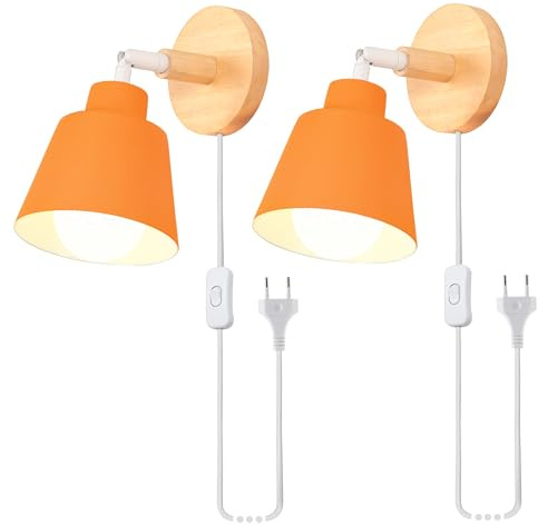 iDEGU 2 stycken vägglampor inomhus retro vägglampa av trä och metall lampa med kontakt och strömbrytare E27 justerbar väggspot modern vägglampa för sovrum hall entré vardagsrum (orange)