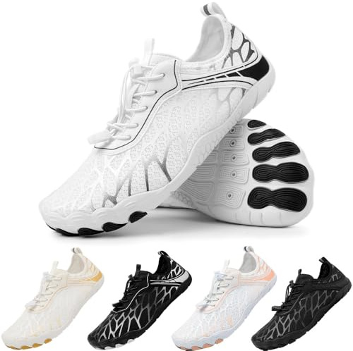 Zapatos Descalzos Hombre Zapatos de Playa Mujere Escarpines Zapatos de Agua Deportes Acuáticos Verano Zapatos de Surf Secado Rápido Unisex Zapatos Acuáticos Zapatos de Natación Negro Blanco 43