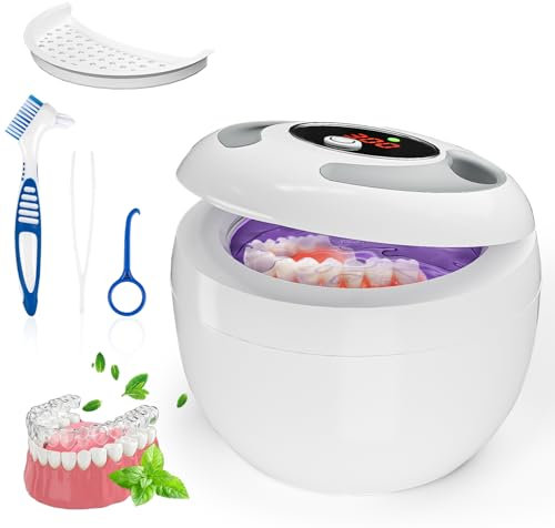 Limpiador Ultrasonidos Vankarr Limpiador Ultrasónico UV 45000Hz 25W Limpiador Ultrasónico Portátil Dental Pod para férulas dentales, dentaduras postizas, 4 lámparas UV-C, 200ml, Blanco