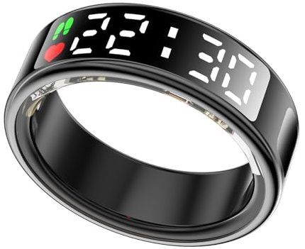 LONGLU Bague Intelligente pour Femmes Hommes avec Écran LED, Bague De Fitness avec Fréquence Cardiaque/Sommeil/Sport/Classe 5ATM Étanche, Tracker De Santé pour iPhone & Android (Noir, 13)