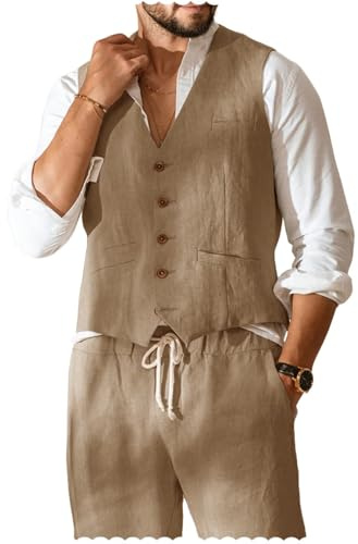 YINGBOFU Lightweight Linen Vest for Men V-Neck Summer Beach Wedding Waistcoat