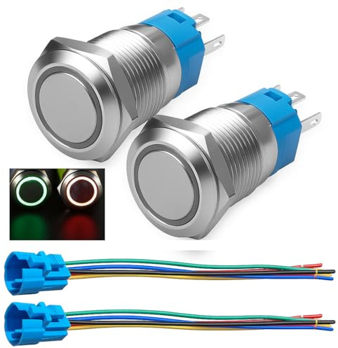 Gebildet Pulsante Momentaneo da 16mm con Presa per Filo 3A/12-24V CC 1 NO 1 NC SPDT On Off in Metallo Impermeabile IP65 Autoripristinante (LED Rosso e Verde)