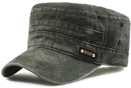 MESU Unisex Washed Cotton Military Hats Cadet Army Caps Vintage Flat Top Cap A Green